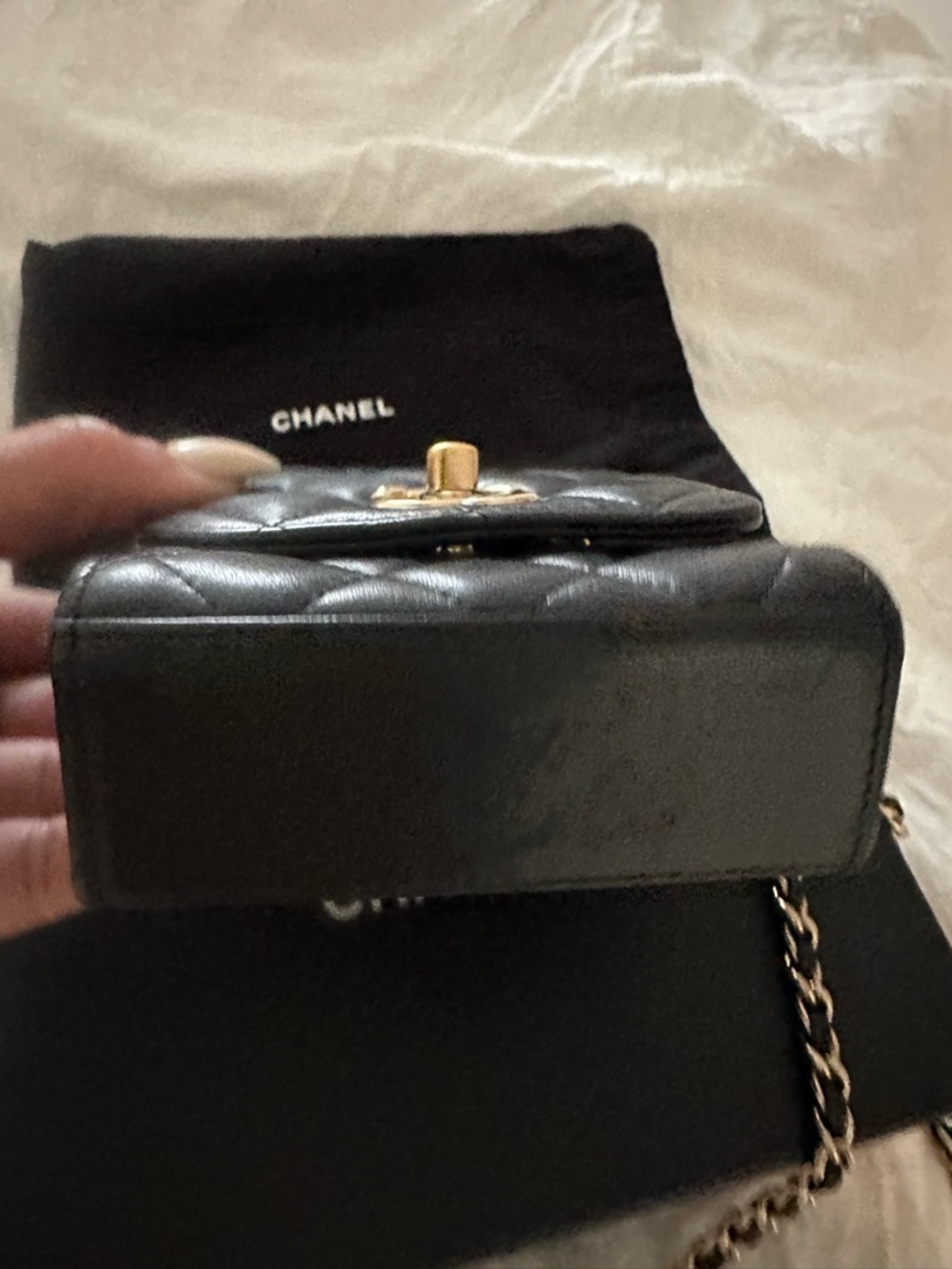 CHANEL Black Quilted Lambskin Mini Crossbody with Gold Chain - Picture 10 of 12